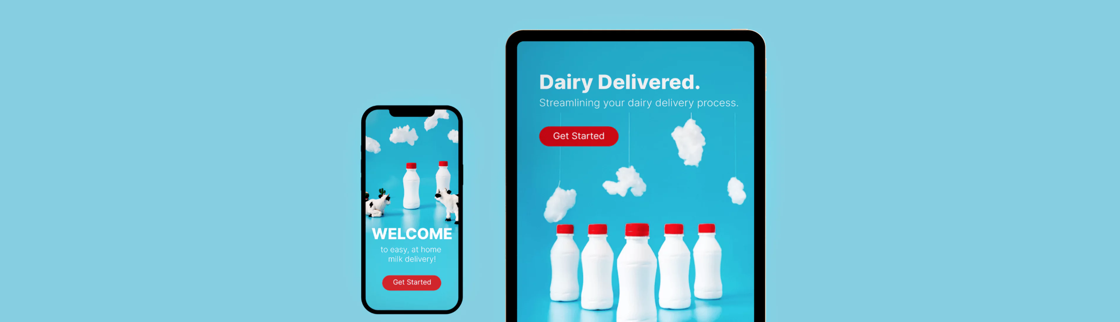 Delivery app UI shown on a light blue background